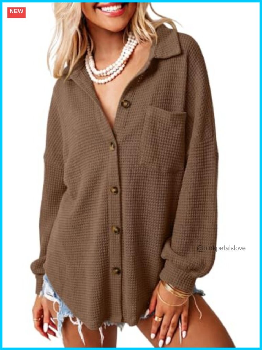 Waffle Knit Button Down Shacket Long Sleeve Loose Fit Blouse